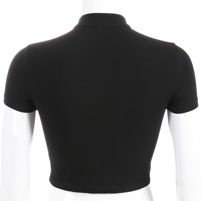 Cute Sexy Casual Black Hallow Out Crop Top Short Sleeve Shirt Tee T-shirt E-Girl Kawaii Korean Japanese Harajuku Chinese Retro Streetwear Aesthetic