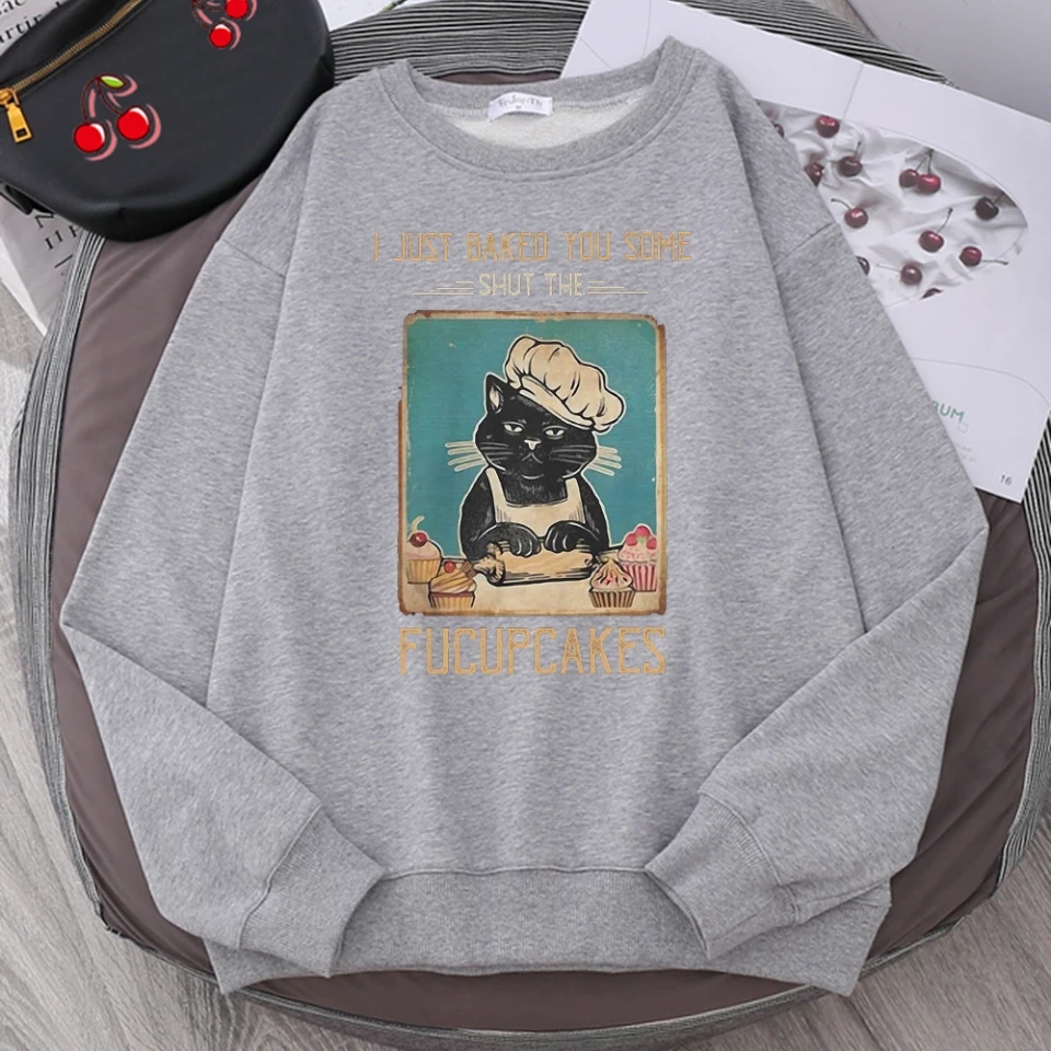 Cute Funny Cat Baking Cupcakes Cartoon Print Sweatshirt Pullover Hoodie Aesthetic Casual E-Girl Kawaii Korean Japanese Harajuku