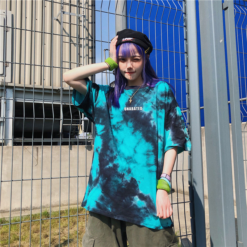 Cute Tie Dyed Hip Hop Casual Punk Goth Loose Oversized Short Sleeve Shirt Tee T-shirt E-Girl Kawaii Korean Japanese Harajuku Chinese Retro Streetwear