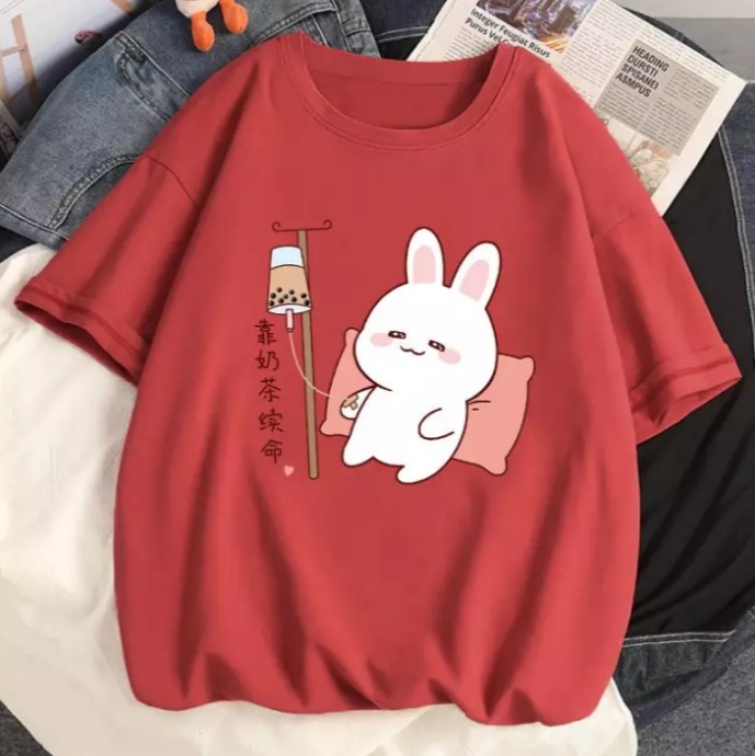 Cute Rabbit Boba Bubble Milk Tea Graphic Cartoon Print Loose Short Sleeve T-shirt Aesthetic Casual Summer E-Girl Kawaii Korean Japanese Harajuku