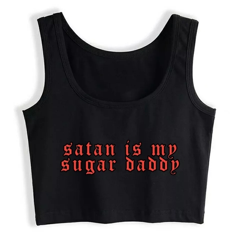 Cute Black Satan Sugar Daddy Print Crop Top Tank Sleeveless Shirt Aesthetic Casual E-Girl Kawaii Korean Japanese Harajuku