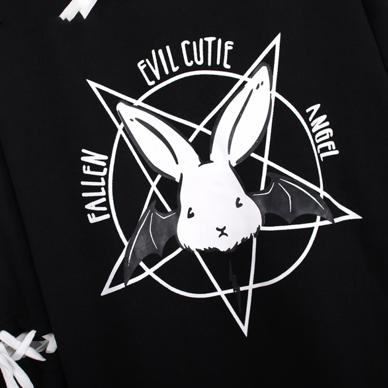 Cute Rabbit Evil Pentagon Lace Up Long Sleeve Hoodie Oversize Sweater Sweatshirt Pullover Jumper E-Girl Kawaii Korean Japanese Harajuku Streetwear