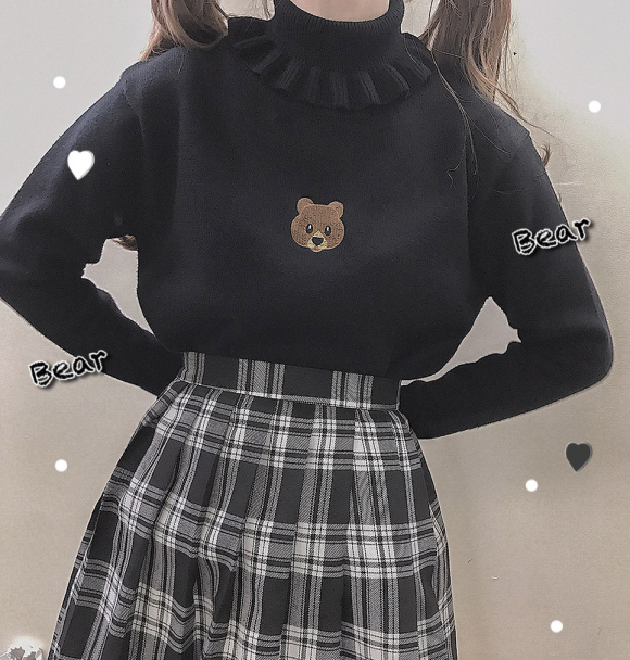 Cute Bear Embroidery Turtleneck Vintage Sweater High Neck Ruffle Pullover Long Sleeve Knit E-Girl Kawaii Korean Japanese Harajuku Streetwear