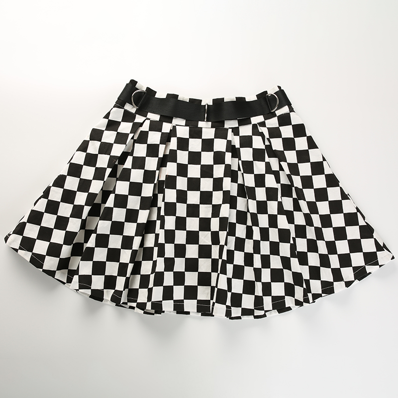 Cute Sexy Checkered Pleated Black White Sash High Waisted Skater Skirt E-Girl Kawaii Korean Japanese Harajuku Streetwear