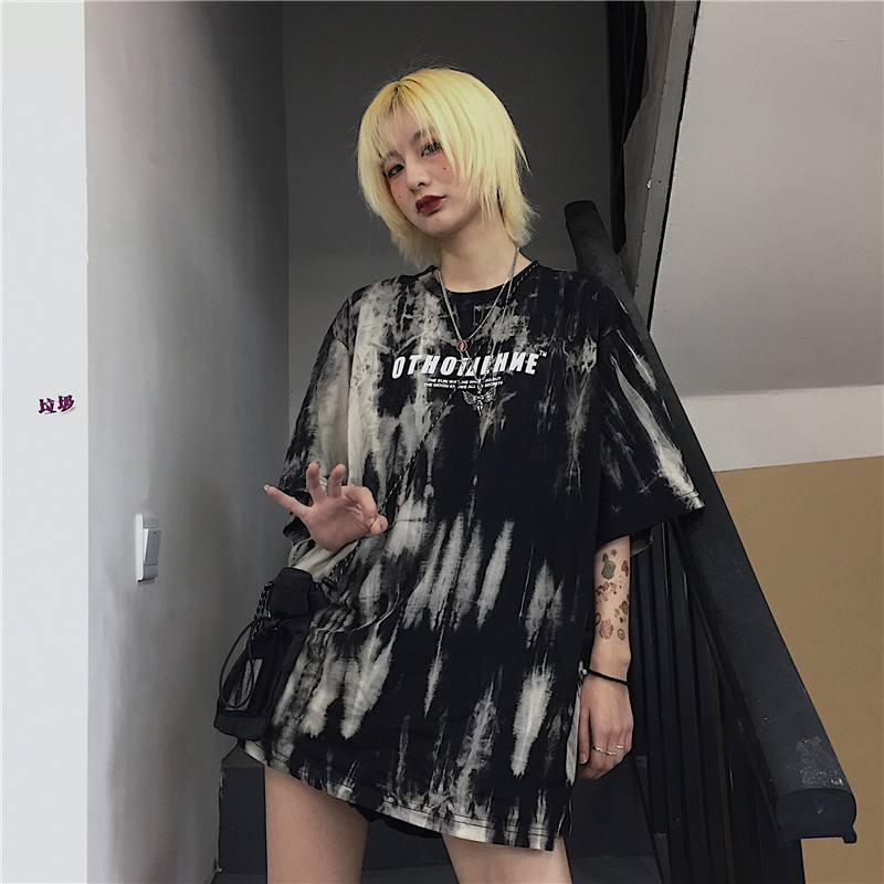 Cute Smoke Ash Print Loose Oversized Crop Top Short Sleeve Shirt Tee T-shirt E-Girl Kawaii Korean Japanese Harajuku Chinese Retro Streetwear Punk Goth