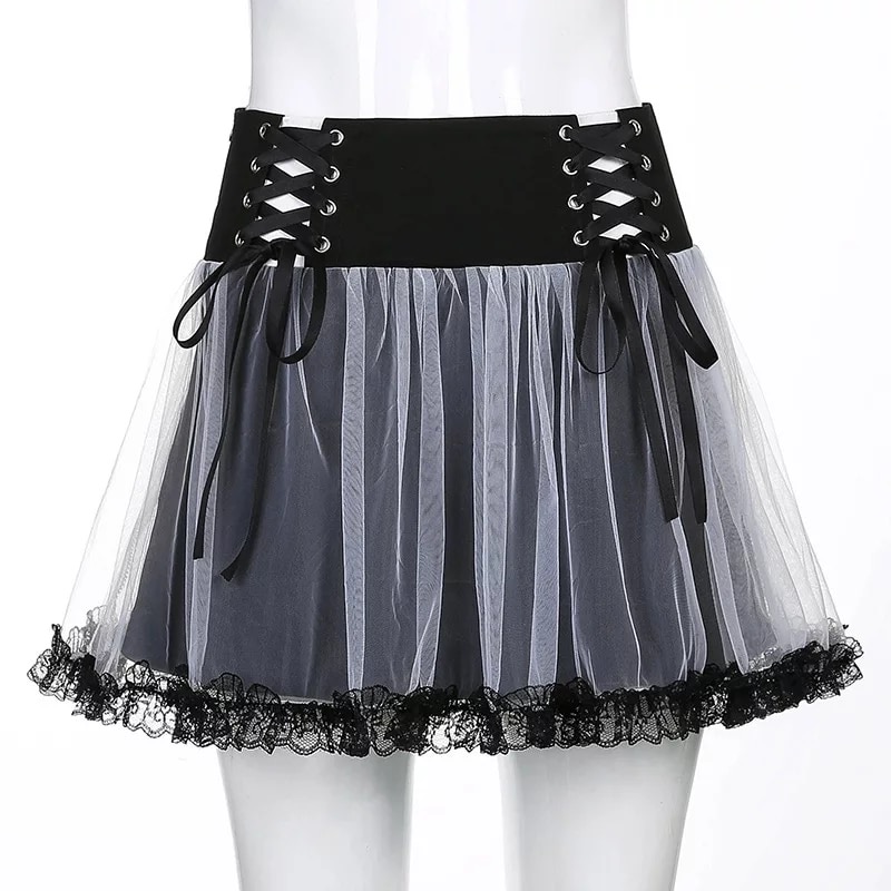 Sexy Goth Dark Punk Mesh A Line Skirt Lace Up Patchwork Ribbon Lace Trim High Waisted Summer Casual E-Girl Kawaii Korean Japanese Harajuku Streetwear