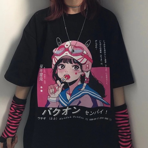Anime Girl Cartoon Print Aesthetic Loose Short Sleeve Shirt T-shirt Top Punk Goth Summer Casual E-Girl Kawaii Korean Japanese Harajuku Streetwear