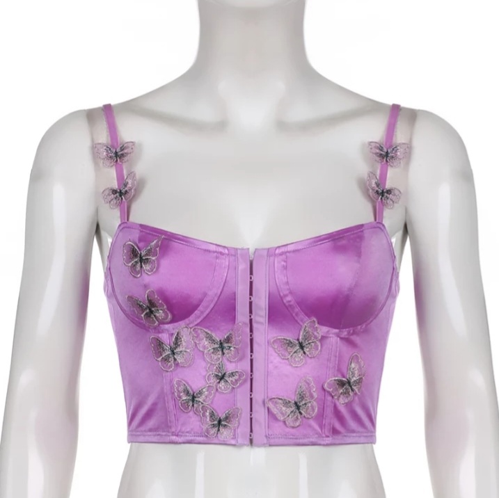 Cute Sexy Pink Satin Butterfly Corset Bustier Camisole Tank Crop Top Beach Party Summer Aesthetic Casual E-Girl Kawaii Korean Japanese Harajuku