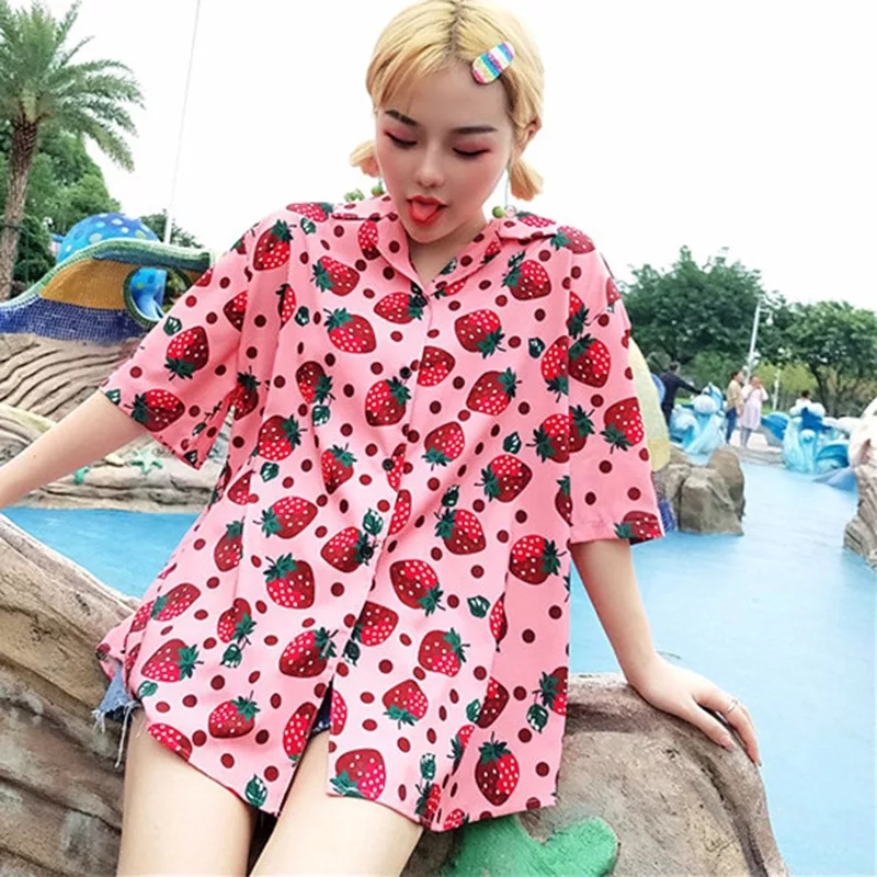 Cute Pink Strawberry Print Button Down Short Sleeve Shirt Blouse Aesthetic Casual Summer E-Girl Kawaii Korean Japanese Harajuku