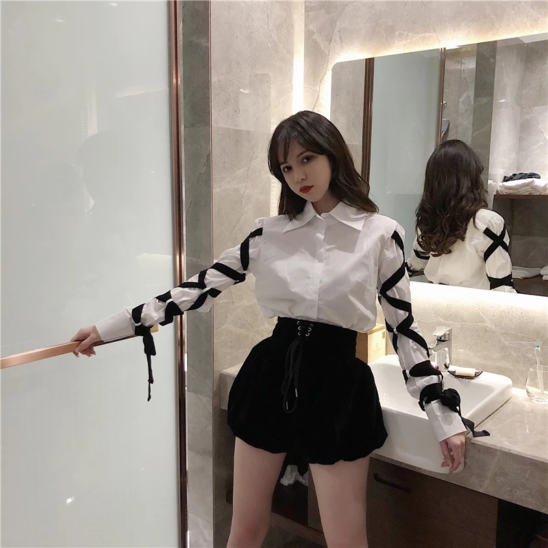 Cute White Shirt Black Bandage Ribbon Tie Up Turn Down Collar Long Sleeve Shirt Blouse Aesthetic Casual E-Girl Kawaii Korean Japanese Harajuku