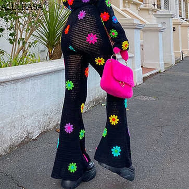 Cute Flower Knit Crochet Net Sheer Wide Leg Pants Long Boho Trousers Aesthetic Casual Summer E-Girl Kawaii Korean Japanese Harajuku