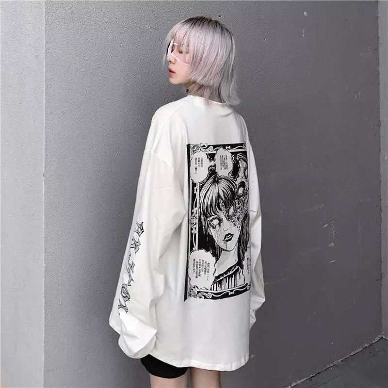 White Dark Anime Girl Cartoon Print Long Sleeve White T-Shirt Oversize Loose Vintage Goth Aesthetic E-Girl Kawaii Korean Japanese Harajuku Streetwear