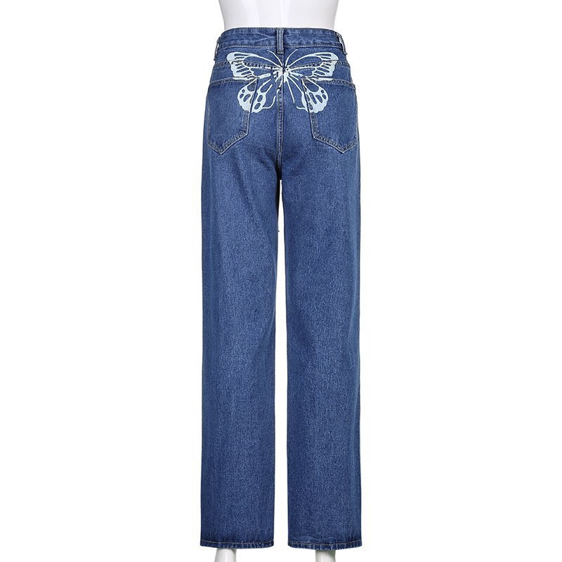 Cute 90s Buttery Print Casual Baggy Straight High Waist Mom Blue Denim Jean Bottom Pant Aesthetic E-Girl Kawaii Korean Japanese Harajuku Streetwear
