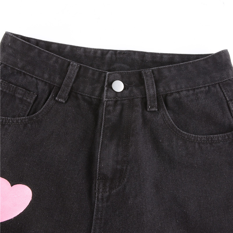 Cute Vintage Pink Heart Print Black Denim Jeans Straight High Waist Long Trouser Pants Autumn Casual E-Girl Kawaii Korean Japanese Harajuku Streetwear