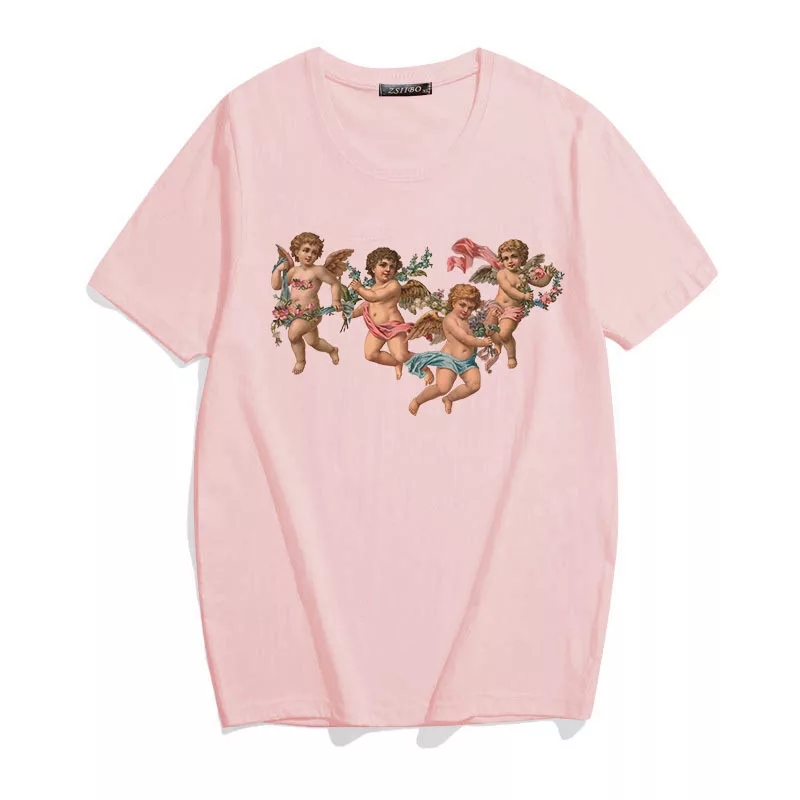 Cute 90s Angel Art Cartoon Print Short Sleeve T-shirt Vintage Punk Aesthetic Casual Summer E-Girl Kawaii Korean Japanese Haraju