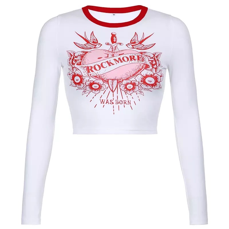 Cute Retro Rock Heart Aesthetic Print Crop Top Long Sleeve Shirt Tee T-shirt Punk Goth Summer Casual E-Girl Kawaii Korean Japanese Harajuku Streetwear