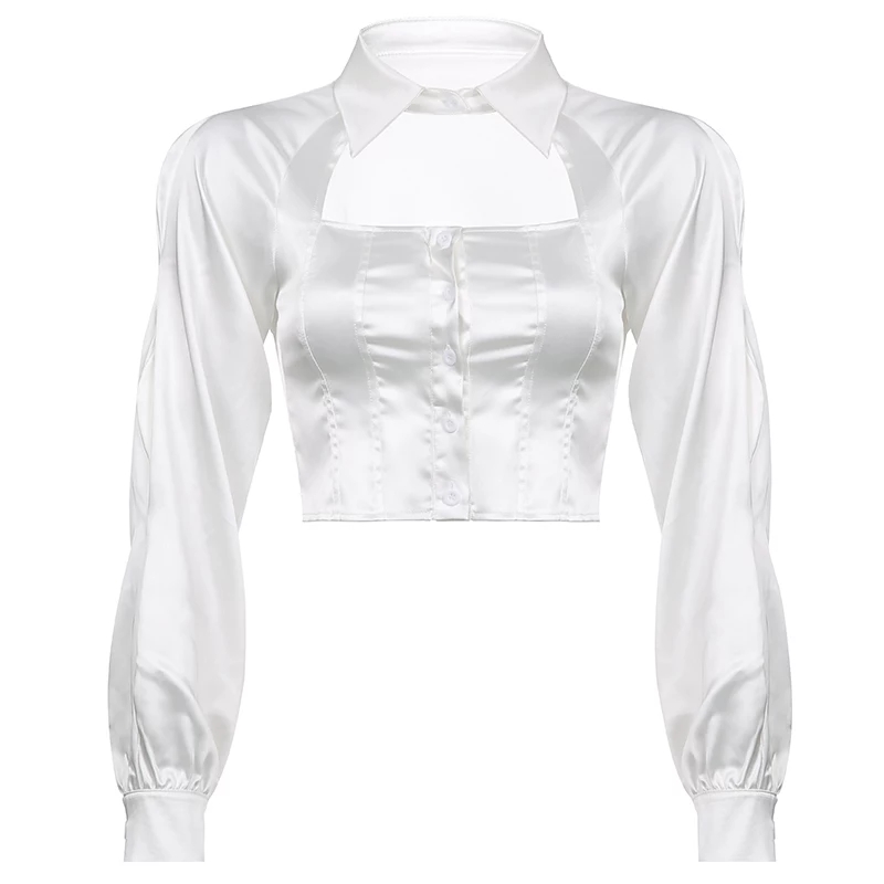 Cute White Silk Hollow Out Collar Cropped Top Long Sleeve Shirt Blouse Elegant Aesthetic Casual E-Girl Kawaii Korean Japanese Harajuku