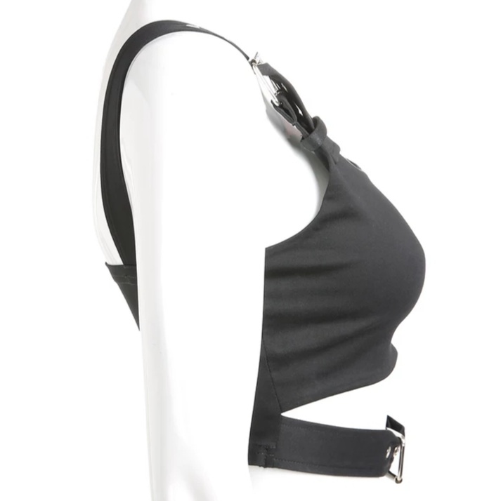 Cute Black Buckle Belt Tank Crop Top Sleeveless Shirt Camisole Bustier Corset Punk Goth Summer Aesthetic E-Girl Kawaii Korean Japanese Harajuku