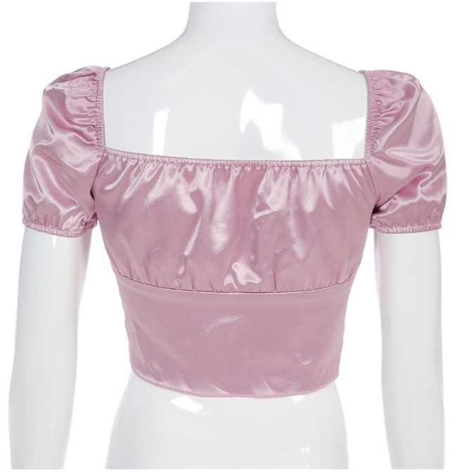 Cute Vintage Pink Silky Satin Short Sleeve Shirt Crop Top Lace Up Elegant Aesthetic Casual Summer E-Girl Kawaii Korean Japanese Harajuku