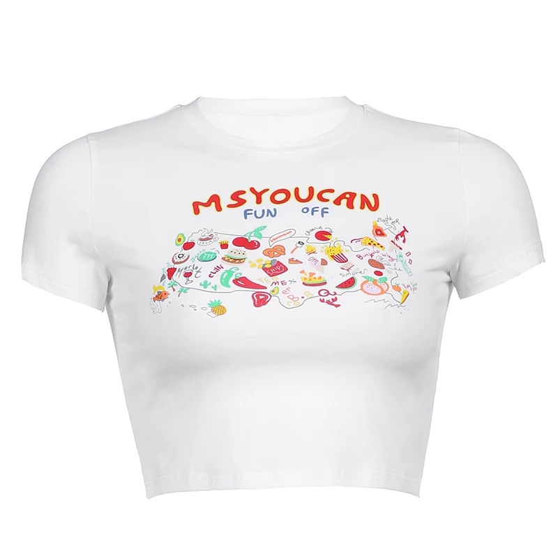 Cute Fruit Food Graphic Cartoon Short Sleeve Tee Crop Top Basic Casual Punk Summer E-Girl Kawaii Korean Japanese Harajuku Streetwear
