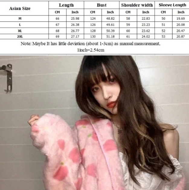 Cute Sweet Pink Peach Plush Oversized Thick Warm Jacket Zipper Hoodie Sweater Winter Autumn Aesthetic Casual E-Girl Kawaii Korean Japanese Harajuku