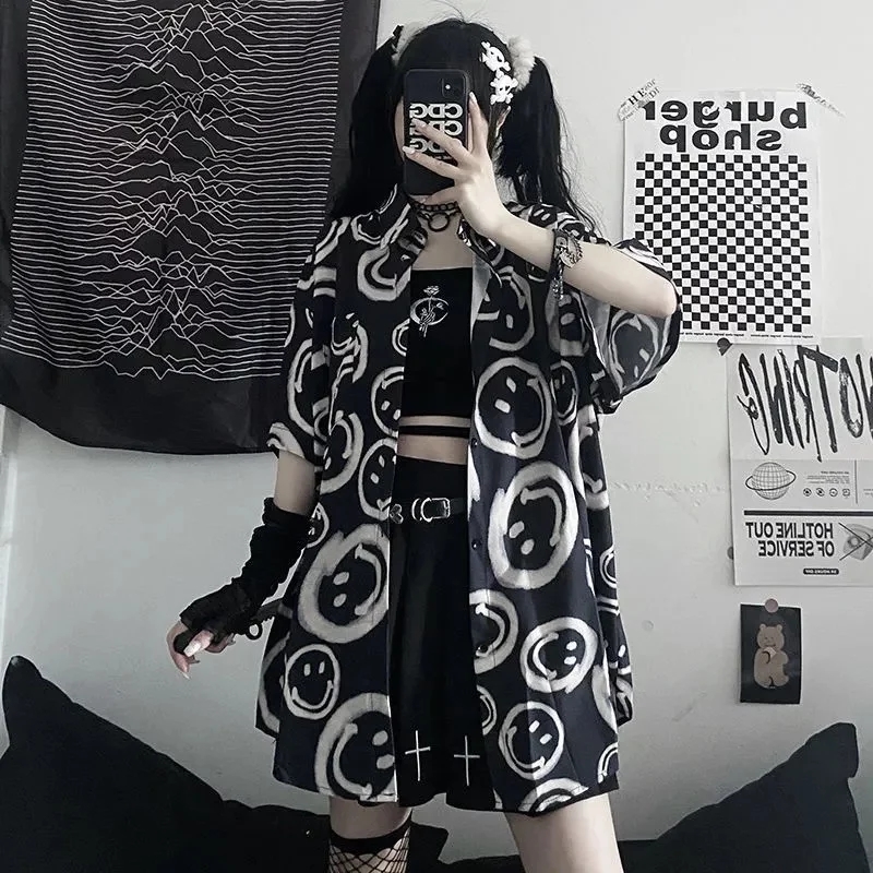 Black Smiley Happy Face Cartoon Print Button Down Oversize Short Sleeve Shirt Goth Aesthetic Casual Summer E-Girl Kawaii Korean Japanese Harajuku