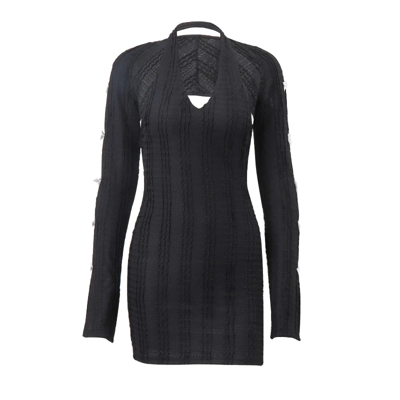 2PCS Black Knit V Neck Halter Dress + Long Sleeve Shawl