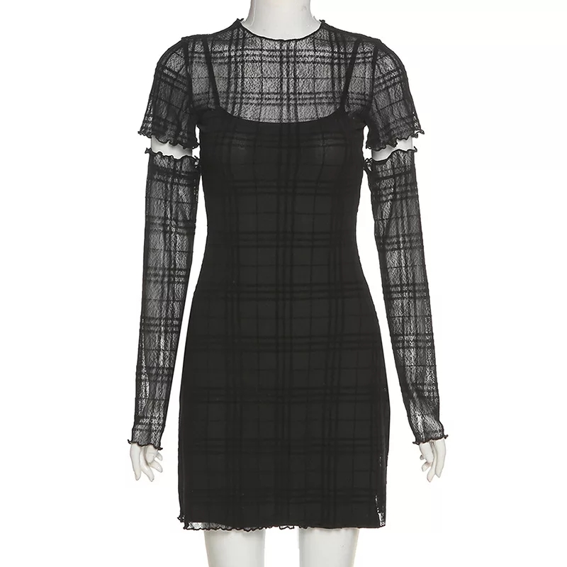 Cute Black Patchwork Plaid Detachable Sleeves Mini Dress Summer Aesthetic Casual E-Girl Kawaii Korean Japanese Harajuku