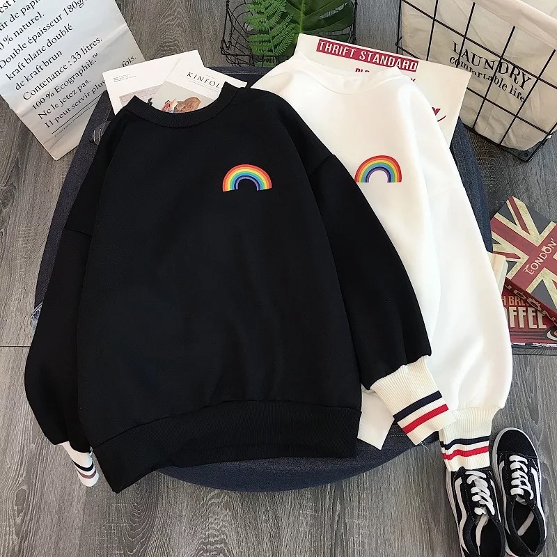 Cute Rainbow Embroidery Fleece Hoodie Sweater Sweatshirt Pullover 90s Oversized Long Sleeve E-Girl Kawaii Korean Japanese Harajuku Retro Streetwear