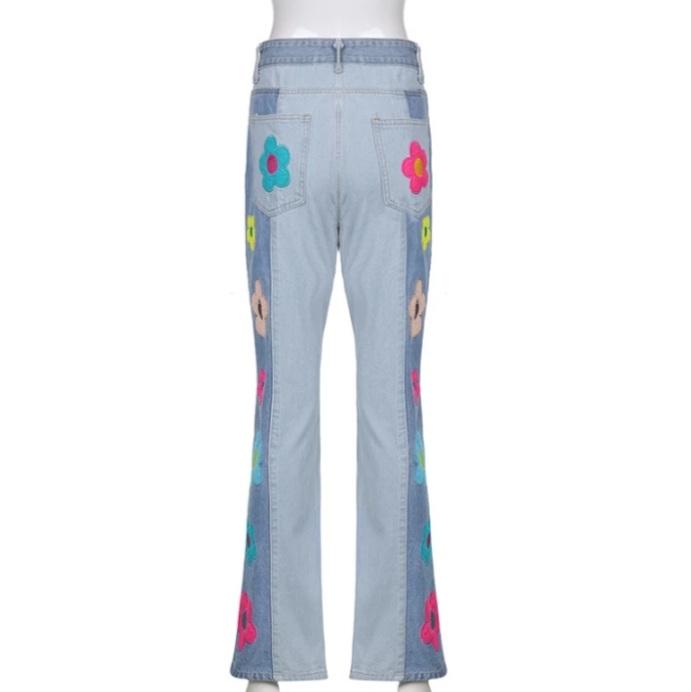 Cute Vintage Flower Patchwork High Waisted Denim Jean Trouser Pants Indie Punk Aesthetic Casual Summer E-Girl Kawaii Korean Japanese Harajuku