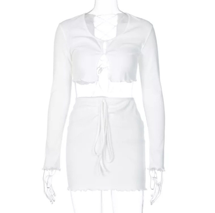 Cute 2pcs Set Ribbed Lace Up Hollow Out Crop Top Cardigan + Mini Skirt Bodycon Summer Aesthetic Casual E-Girl Kawaii Korean Japanese Harajuku