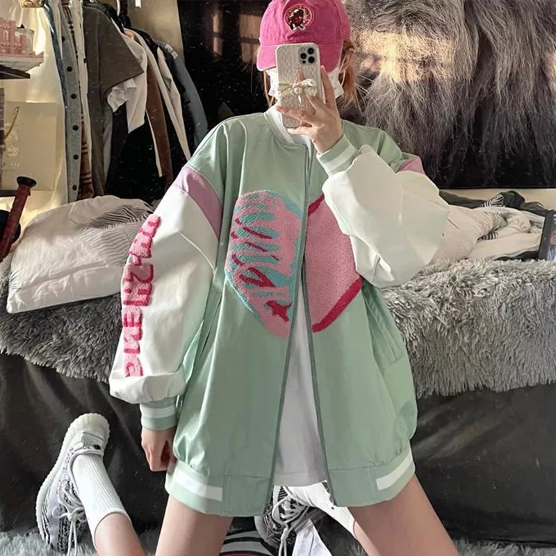 Retro Vintage Pastel Heart Ribs Print Oversized Long Sleeve Zipper Hoodie Sweatshirt Aesthetic Casual E-Girl Kawaii Korean Japanese Harajuku