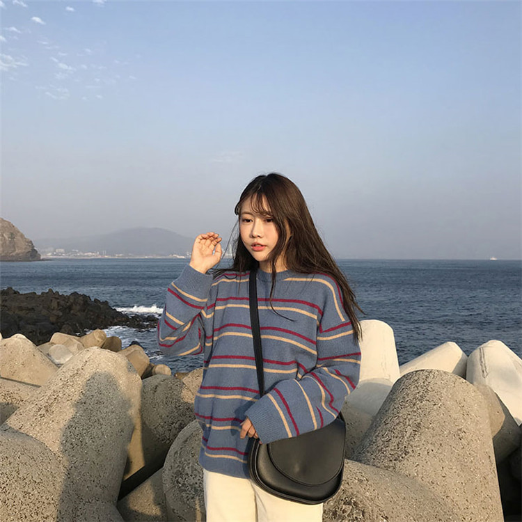 Soft Stripe Autumn O Neck Chic Loose Oversized Casual Knit Sweater Sweatshirt Pullover Jumper Shirt E-Girl Kawaii Korean Japanese Harajuku Streetwear