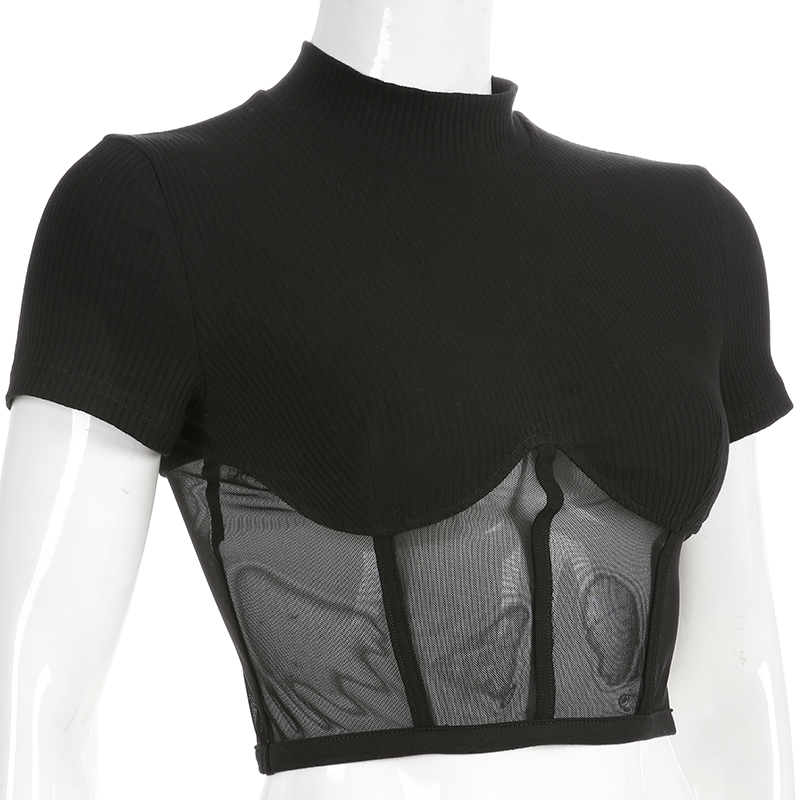 Cute Sexy Patchwork Black Mesh Crop Top Short Sleeve Shirt Tee T-shirt E-Girl Kawaii Korean Japanese Harajuku Chinese Retro Streetwear Aesthetic