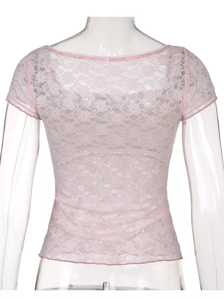 Cute Sweet Pink Lace Trim Short Sleeve Shirt Crop Top Summer Aesthetic Casual E-Girl Kawaii Korean Japanese Harajuku