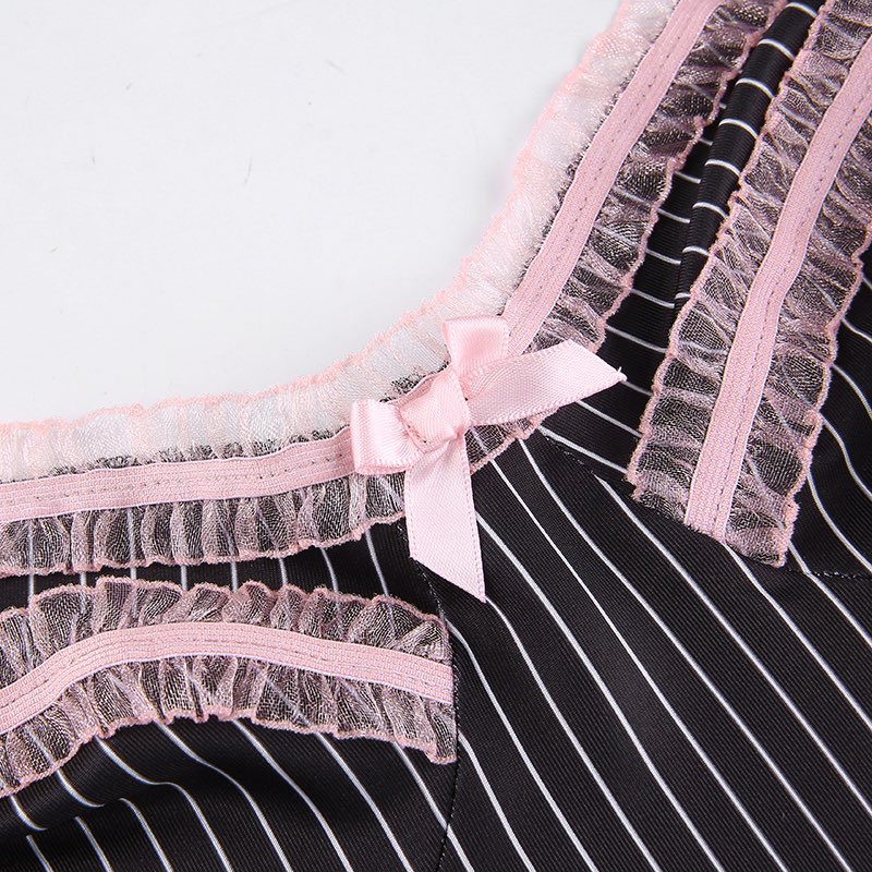 Cute Sexy 90s Black Pink Lace Trim Striped V Neck Mini Dress Dark Academia Aesthetic Goth E-Girl Kawaii Korean Japanese Harajuku Streetwear