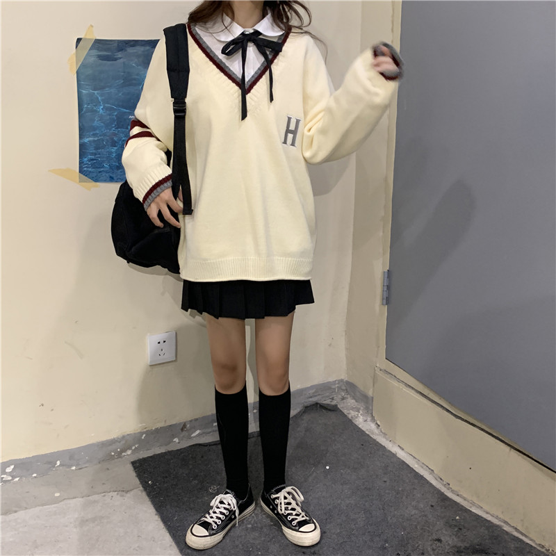 Cute Vintage Preppy V Neck Oversized Sweater Long Sleeve Shirt Pullover Hoodie Sweatshirt E-Girl Kawaii Korean Japanese Harajuku Retro Streetwear