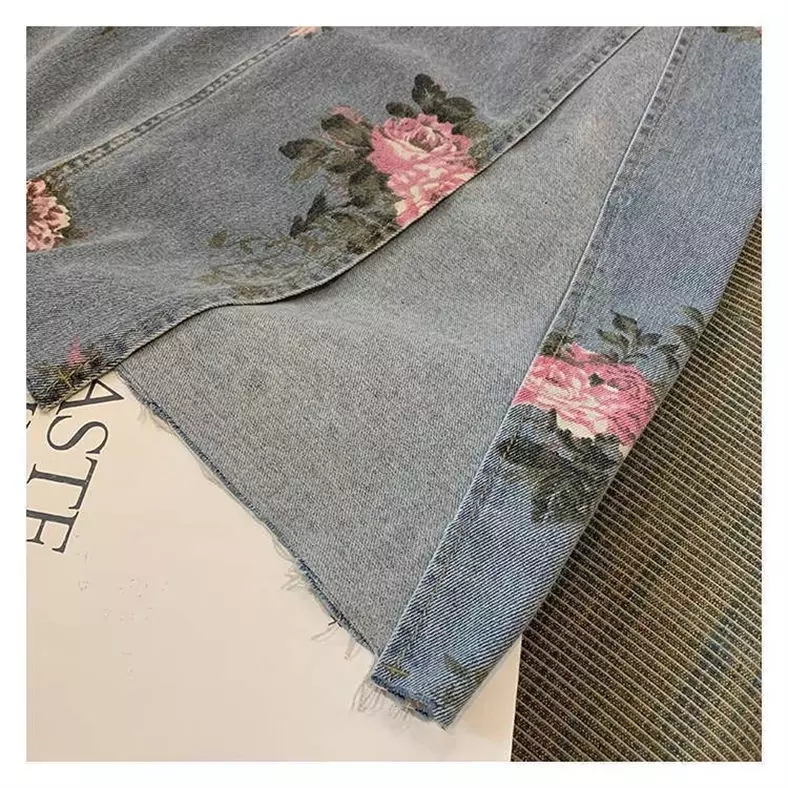 Cute Vintage Flowers Print Maxi Denim Skirt High Waist Open Split Straight Summer Aesthetic Casual E-Girl Kawaii Korean Japanese Harajuku