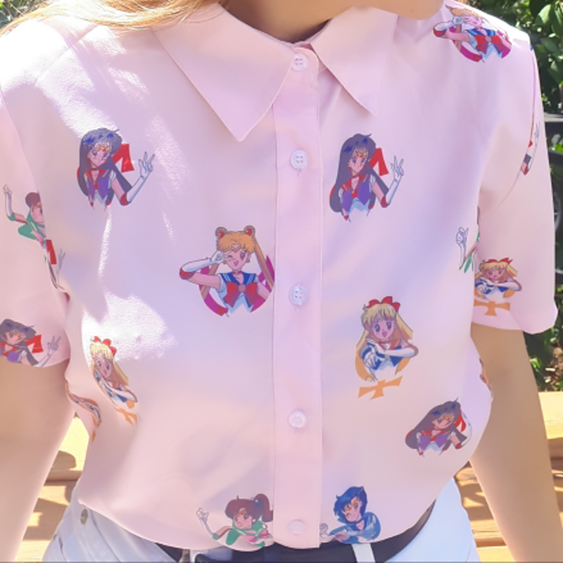 Pastel Anime Girl Japanese Print Cartoon Button Down Short Sleeve Shirt