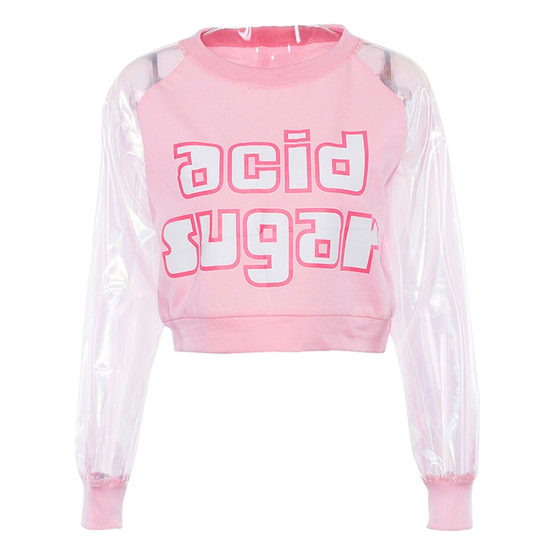 Pastel Pink Acid Holographic Laser Transparent Crop Top Long Sleeve Tee Shirt T-shirt Top Sweatshirt E-Girl Kawaii Korean Japanese Harajuku Streetwear