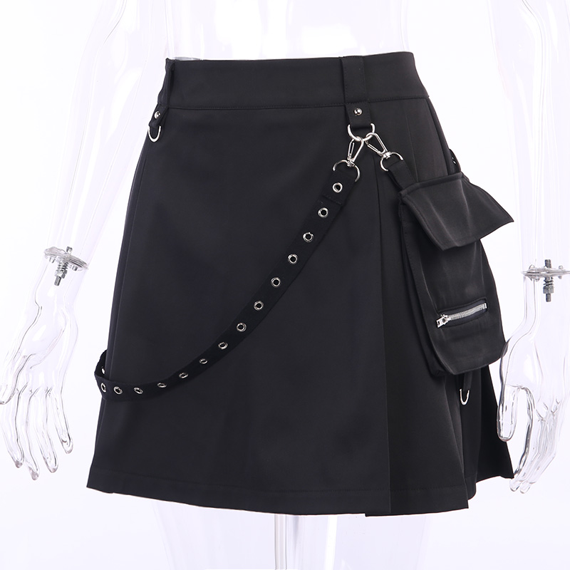 Cute Sexy Punk Goth Black High Waist Mini Skirt Patchwork Bandage Bottom E-Girl Kawaii Korean Japanese Harajuku Chinese Retro Streetwear Aesthetic