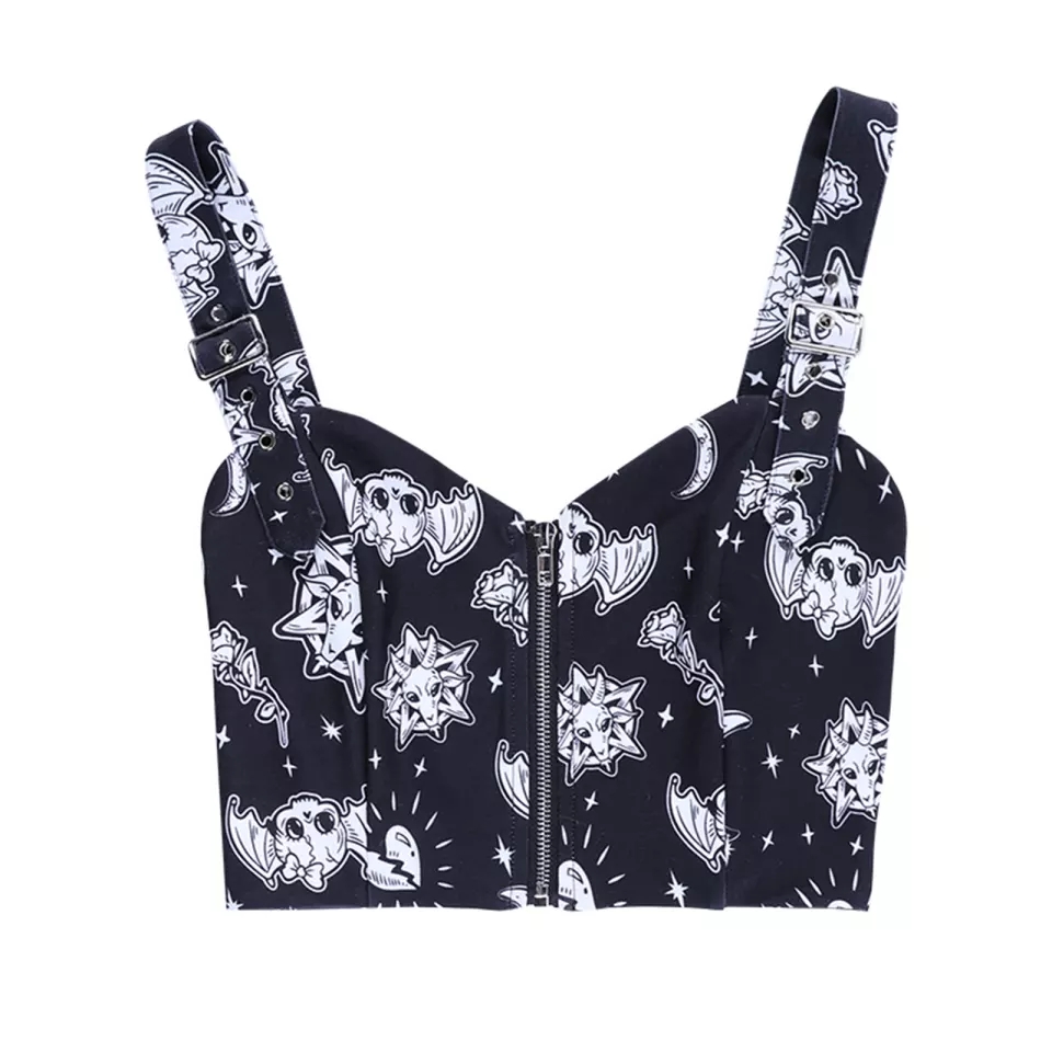 Cute Black Goth Skull Bat Goat Print Zipper Front Camisole Crop Top Tank Summer Aesthetic Casual E-Girl Kawaii Korean Japanese Harajuku