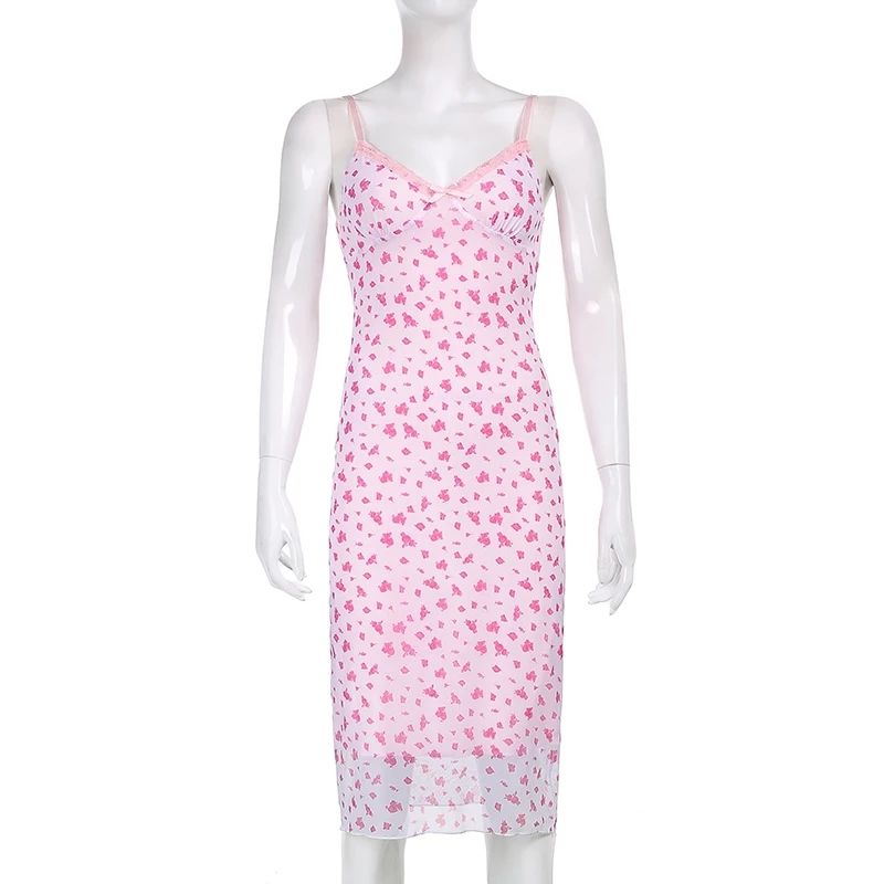 Cute Sexy Pink Floral Long Boho Dress Sleeveless V Neck Lace Trim Bodycon Party Club Beach Summer Vintage Casual E-girl Kawaii Korean
