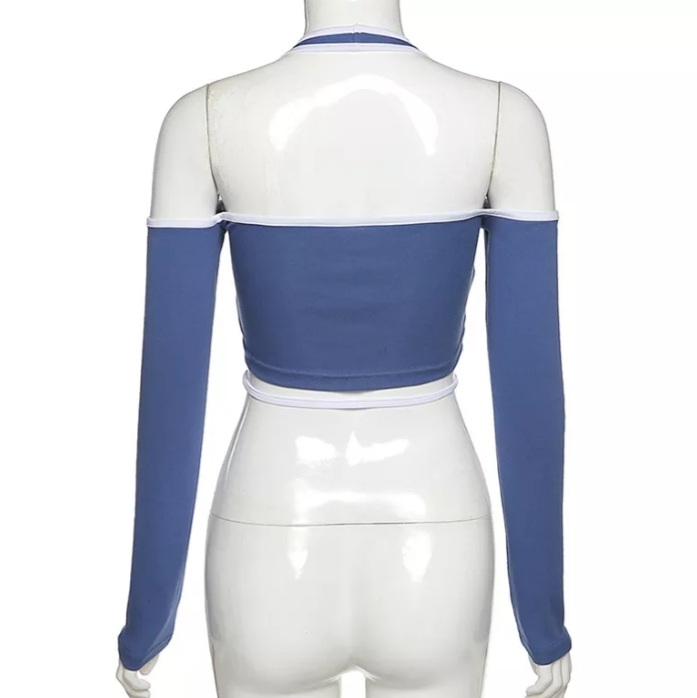 Blue Patchwork Halter Off Shoulder Hollow Crop Top Long Sleeve T-shirt Streetwear Summer Aesthetic Casual E-Girl Kawaii Korean Japanese Harajuku