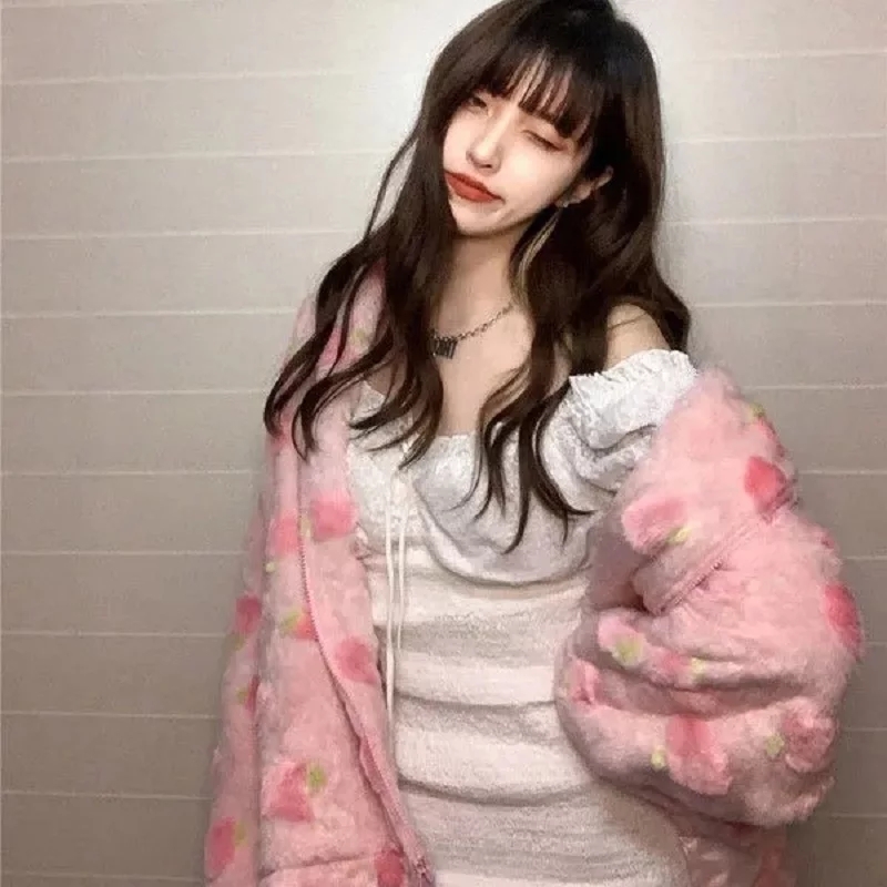 Cute Sweet Pink Peach Plush Oversized Thick Warm Jacket Zipper Hoodie Sweater Winter Autumn Aesthetic Casual E-Girl Kawaii Korean Japanese Harajuku