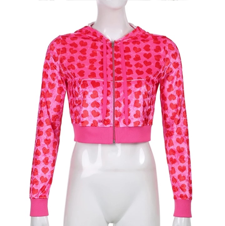 Cute Pink Heart Print Velvet Tracksuit Set Long Sleeve Cropped Hoodie + Sweatpants Aesthetic Casual Summer E-Girl Kawaii Korean Japanese Harajuku