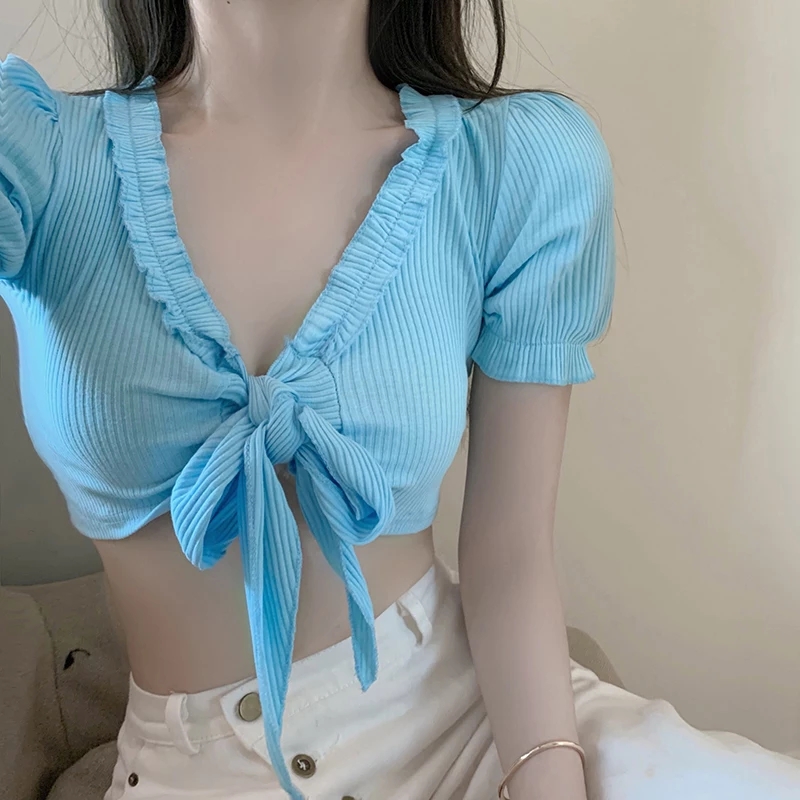 Cute Sexy Sweet Ruffles Bandage Short Sleeve Shirt Crop Top Summer Aesthetic Casual E-Girl Kawaii Korean Japanese Harajuku