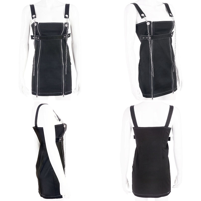 Sexy Black Casual Chain Metal Sling Belt Zipper Short Mini Dress Punk Goth E-Girl Kawaii Korean Japanese Harajuku Streetwear