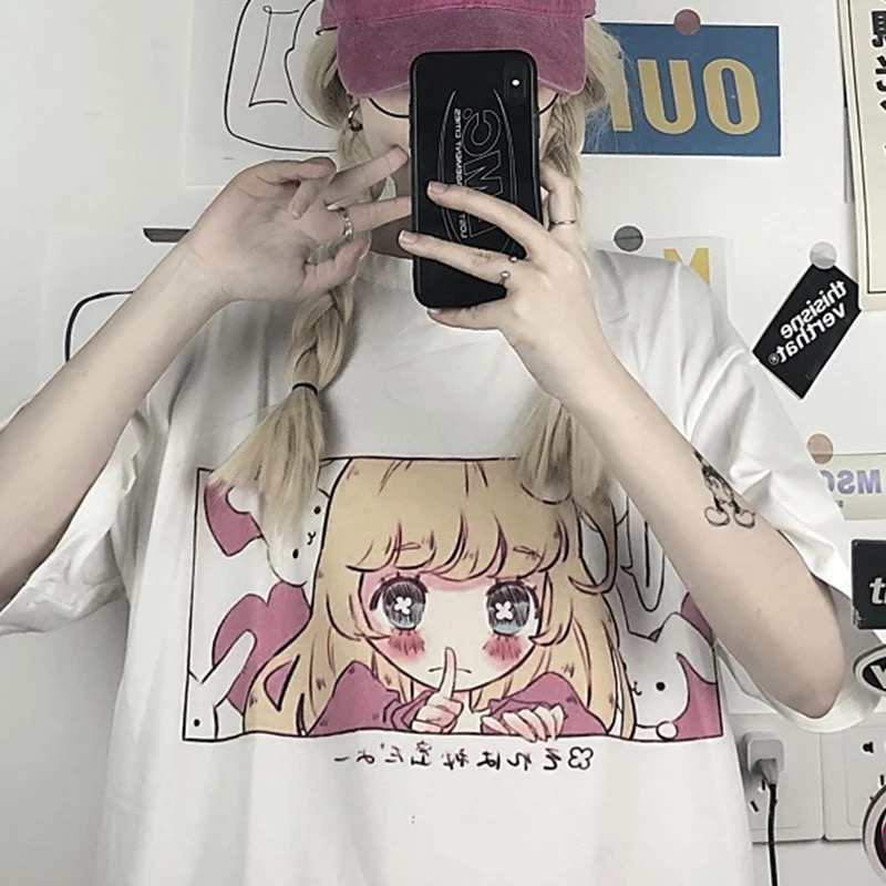 Cute Pink Anime Girl Cartoon Graphic Casual Short Sleeve Shirt Tee T-shirt E-Girl Kawaii Korean Japanese Harajuku Chinese Retro Streetwear Aesthetic
