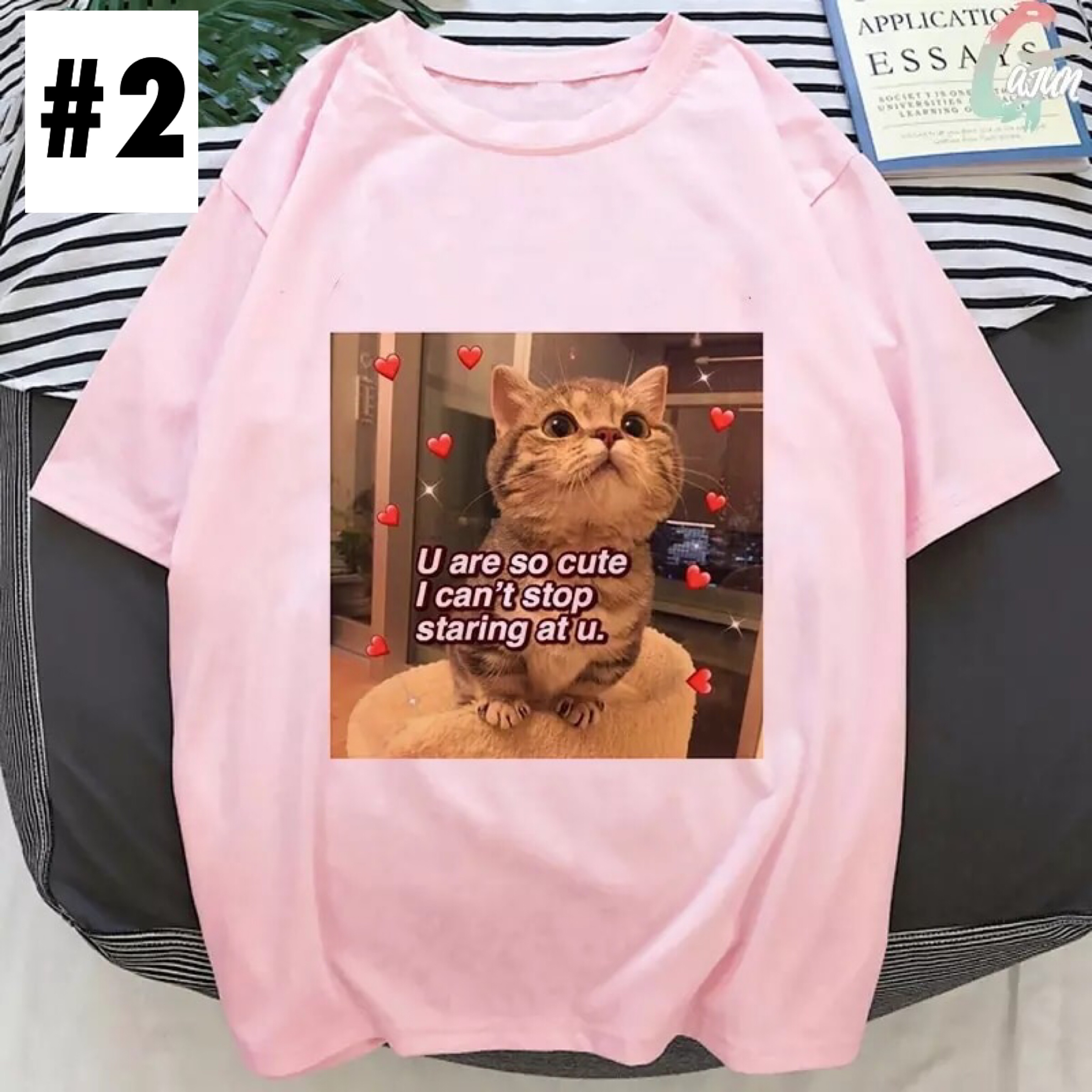 Cute Pink Funny Cat Kitten Meme Cartoon Print Loose Short Sleeve Short T-shirt Tee Top Summer Casual E-Girl Kawaii Korean Japanese Harajuku Streetwear